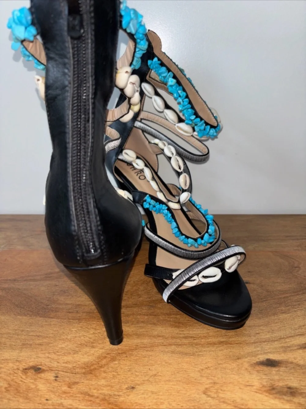 Ashro gauva chic Black Heeled Sandals with Turquoise Bead & Shell Accents 12M